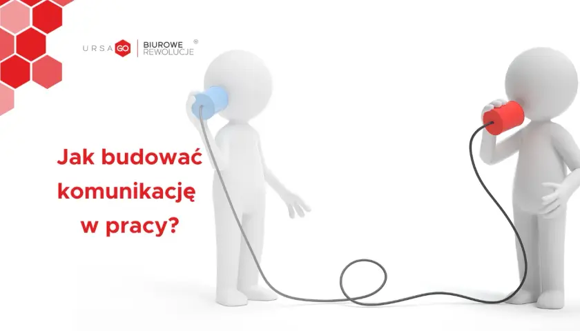 Dwóch ludzików rozmawia przez puszki, symbolizując bariery komunikacyjne w pracy.