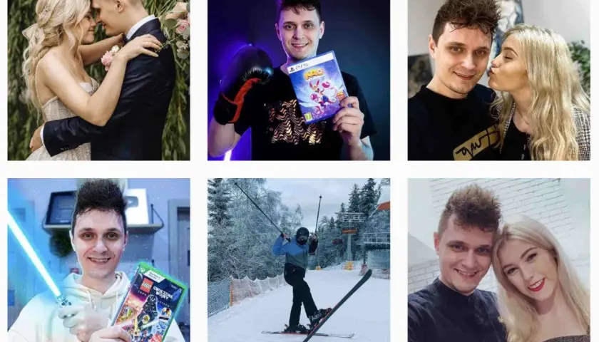 Adam Witkowski na zdjęciach: ślub, gry, narty, z partnerką.