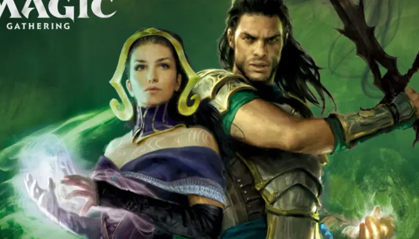 Deux personnages de la série Magic the Gathering, une femme lançant un sort lumineux et un guerrier armé d'une épée.