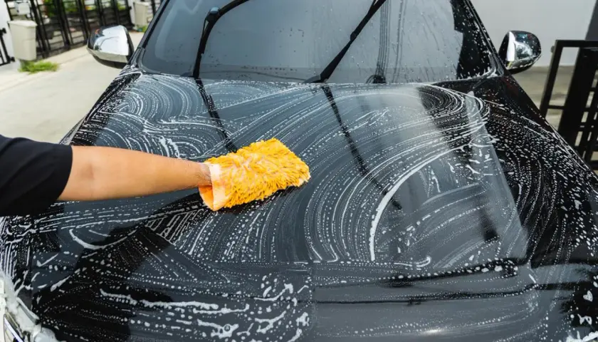 Ręka w żółtej rękawicy myje maskę czarnego samochodu pokrytą pianą.