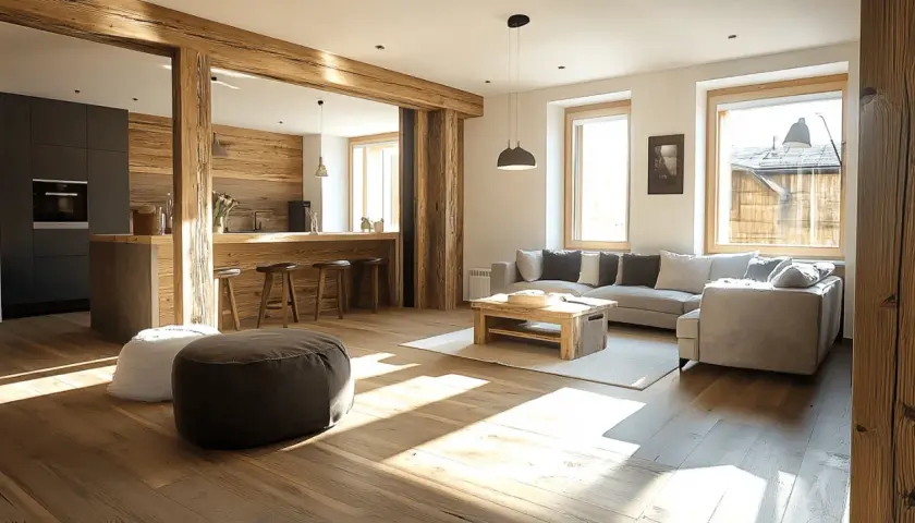 Rustikale Holzbalken und Dielen schaffen ein warmes Ambiente. Ein gemütliches Sofa und ein Holztisch passen perfekt zu diesem Stil, der zeigt, was zu Eiche rustikal passt.