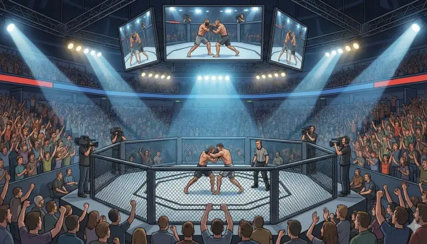 Emocjonująca gala UFC w pełnej klatce. Tłum kibiców szaleje, a zawodnicy walczą na śmierć i życie. Na ekranach widać powtórki akcji.