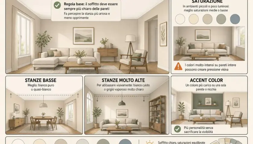 Guida alle tinteggiature interne: soffitto chiaro, saturazioni equilibrate e accenti di colore per spazi ariosi e accoglienti.