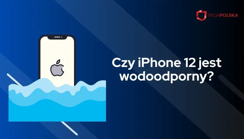 Ilustracja iPhone'a 12 zanurzonego w wodzie z falą.
