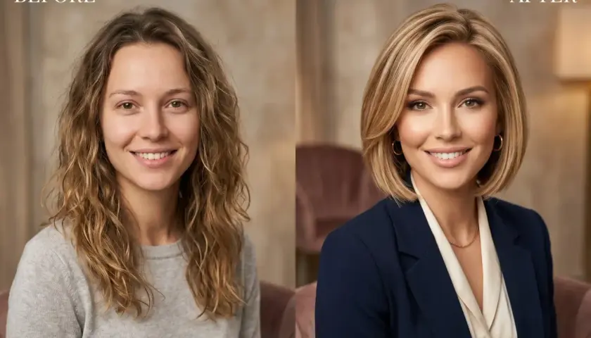 Przed i po: metamorfoza kobiety z kręconymi włosami w elegancką fryzurę french bob i profesjonalny makijaż.