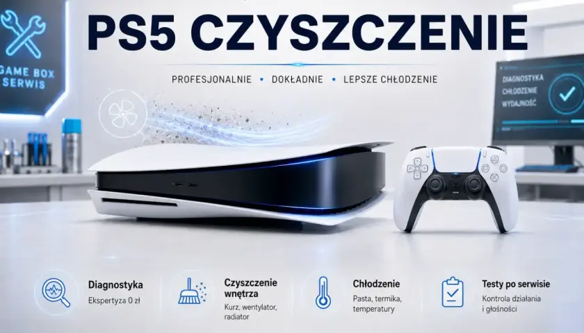 Profesjonalne czyszczenie PS5 w Game Box. Dbamy o lepsze chłodzenie i wydajność Twojej konsoli. Kurze, wentylatory, radiatory – wszystko będzie jak nowe!