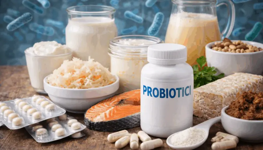 Alimenti fermentati, integratori e un flacone di probiotici per il gonfiore addominale.