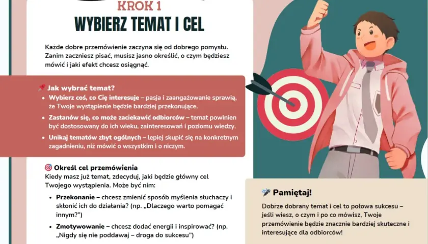 Ilustracja przedstawia młodego mężczyznę z podniesioną ręką, celującego strzałą w tarczę, symbolizującą wybór tematu i celu przemówienia.