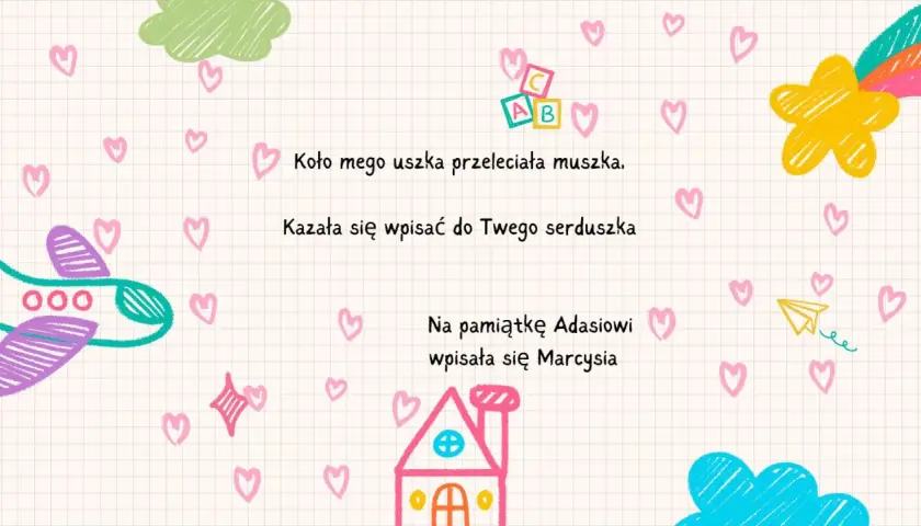 Kolorowe wyliczanki dla dzieci z samolotem, domkiem i gwiazdką.
