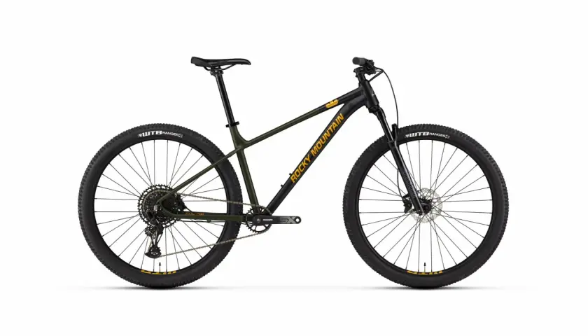 A black and green Rocky Mountain bicycle, ready for trail adventures. Read our rocky mountain bicycle reviews to find your next ride.