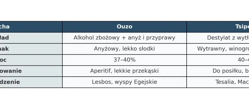 Tabela porównująca Ouzo i Tsipouro, dwa rodzaje greckiego alkoholu: skład, smak, moc i pochodzenie.