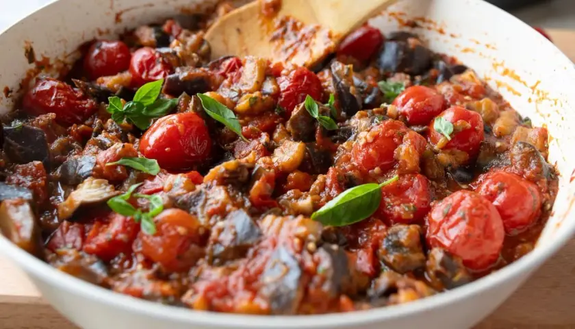 Un plat de caponata sicilienne mijoté, avec des aubergines, des tomates cerises et du basilic frais, prêt à être dégusté.