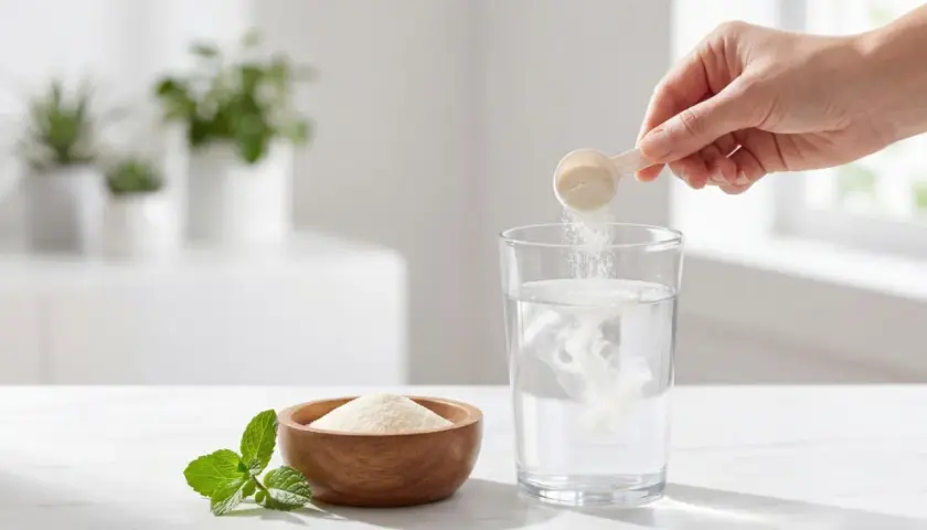 En hand häller kollagenpulver från en skopa ner i ett glas vatten. En skål med kollagen och mynta står bredvid.