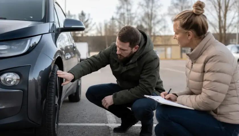 Man undersöker däcket på en BMW i3, kvinna skriver anteckningar. Ett potentiellt bmw i3 problem uppdagas.