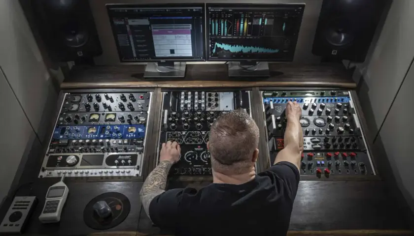 Mann mit Tattoos im Tonstudio, der an Reglern dreht, um einen perfekten pop mix zu kreieren. Monitore zeigen Wellenformen und Spektrumanalysen.