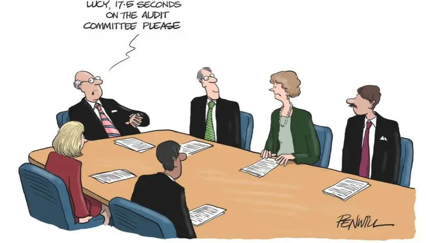 A chairman at a board meeting, addressing Lucy, requests 17.5 seconds on the audit committee, humorously implying time is being manipulated.
