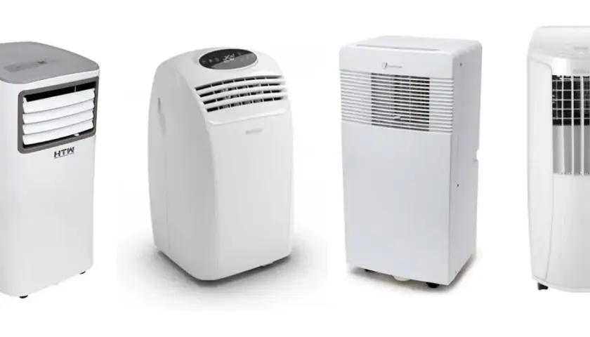 Comparativa: aire acondicionado portátil vs climatizador evaporativo. Cuatro unidades blancas de diferentes marcas, dispuestas en fila.