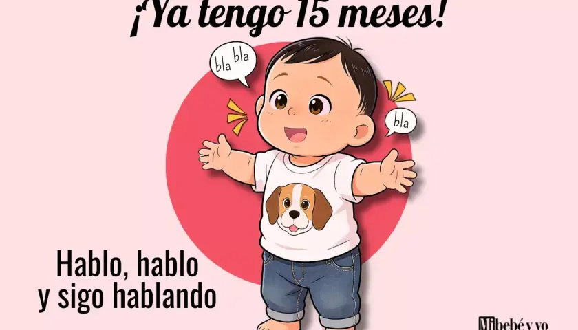 Un bebé de 15 meses, con camiseta de perro, dice "bla bla" y "hablo, hablo y sigo hablando".