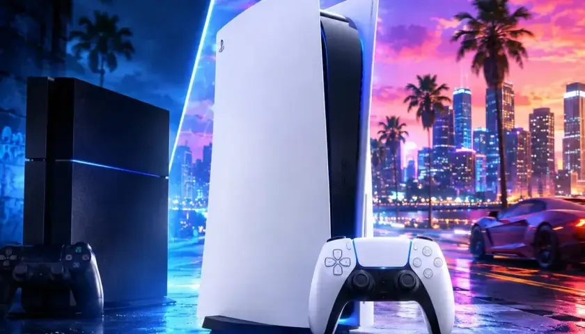 Konsola PS5 i PS4 na tle nocnego miasta. Czy GTA 6 będzie na PS4? Pytanie wisi w powietrzu, jak neonowe światła.
