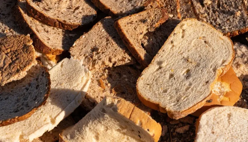 Stare kromki chleba, niektóre z ziarnami, leżą na ziemi, tworząc naturalny nawóz z chleba.