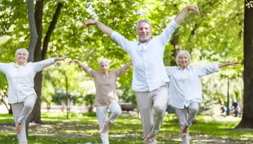 Senioren sport im Park: Vier ältere Menschen balancieren auf einem Bein, Arme ausgebreitet, in einer Yoga-ähnlichen Pose.