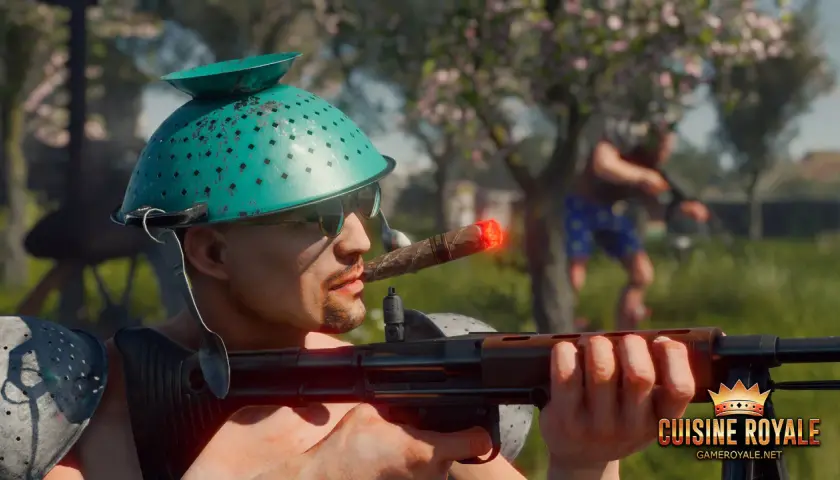 Gracz w Cuisine Royale z durszlakiem na głowie i cygarem w ustach celuje z karabinu.