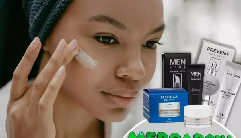 Mujer aplicándose crema en el contorno de ojos. Productos de contorno de ojos Mercadona en el fondo.