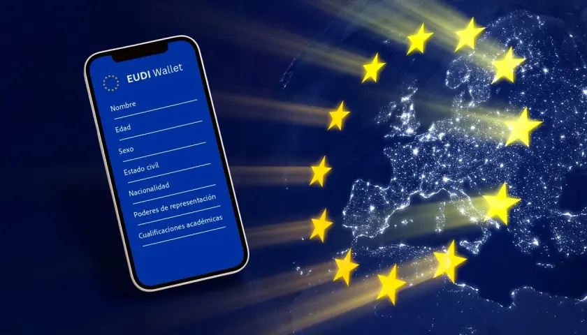 Teléfono con la app EUDI Wallet y el mapa de Europa con estrellas, representando la identidad digital europea bajo eidas 2.