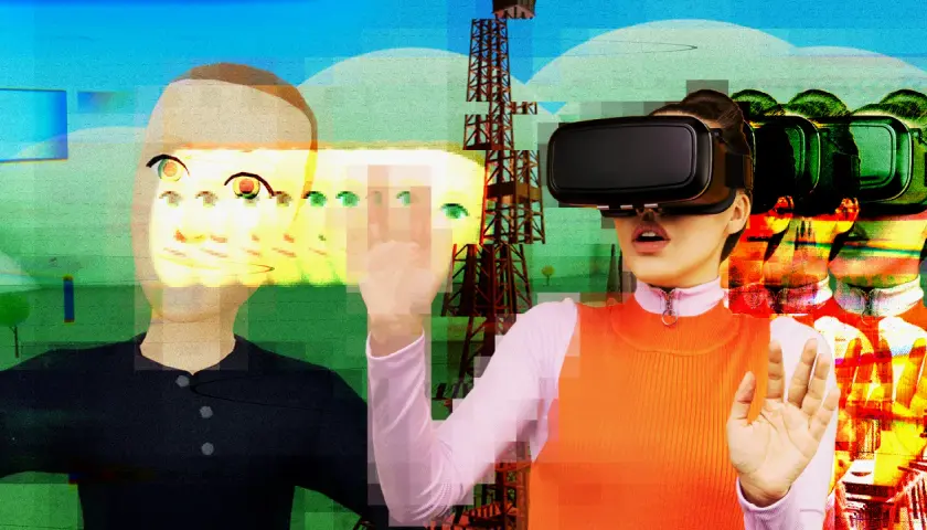 Kobieta w goglach VR wchodzi do metaświata. Obok niej cyfrowa postać, wieża i powielone awatary.