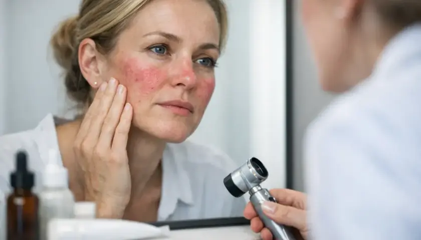 Kvinna med rodnad i ansiktet undersöker sin hud, redo för rosacea behandling.