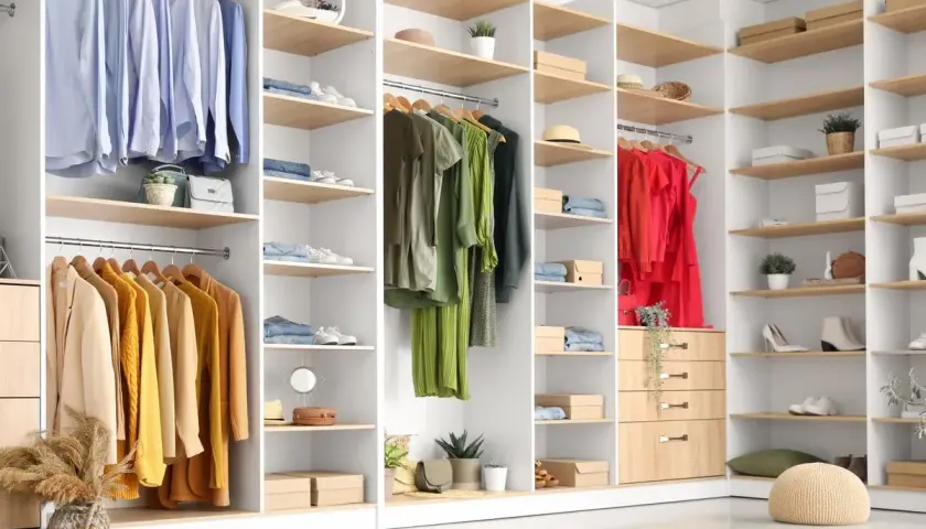 Idées pour comment aménager un placard intégré : vêtements suspendus, chaussures rangées, boîtes et accessoires organisés sur des étagères.