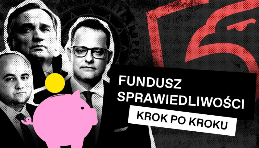 Posłowie chcą obniżyć wydatki na Fundusz Sprawiedliwości o 280 mln zł. Na grafice widać polityków i skarbonkę.
