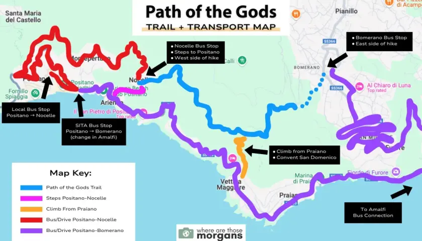 Path of the Gods map showing hiking trails and transport options between Positano and Bomerano.