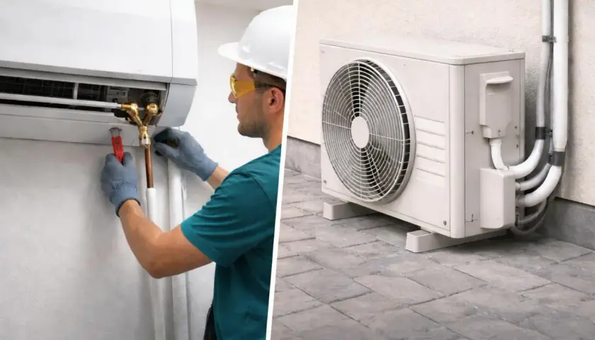 Técnico instala unidad interior de aire acondicionado. Unidad exterior con ventilador y tuberías, mostrando las medidas del compresor de aire acondicionado.