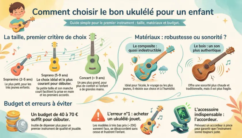 Un enfant joue d'une petite guitare hawaïenne. L'image compare différents ukulélés pour enfants, leurs matériaux et des conseils pour débuter.