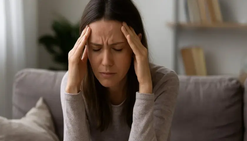 Donna con le mani sulle tempie, occhi chiusi, espressione di profondo stress e possibile esaurimento nervoso.