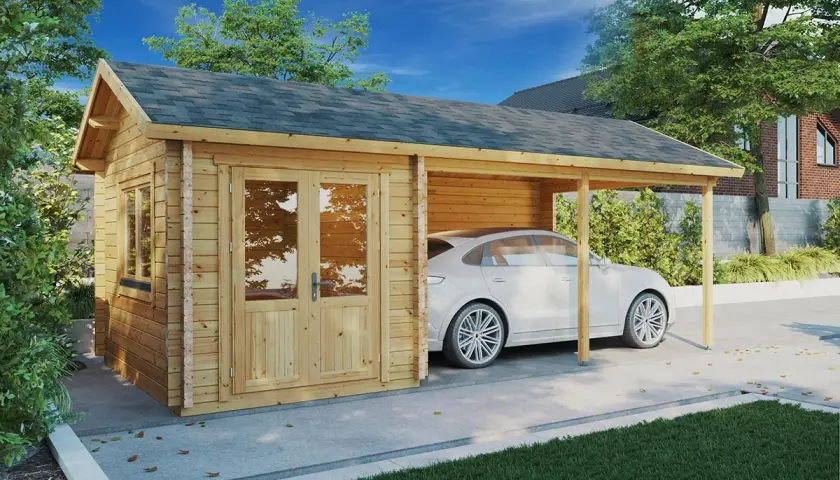En vit bil parkerad under en nybyggd carport i trä. Enkel och funktionell lösning för att bygga carport.
