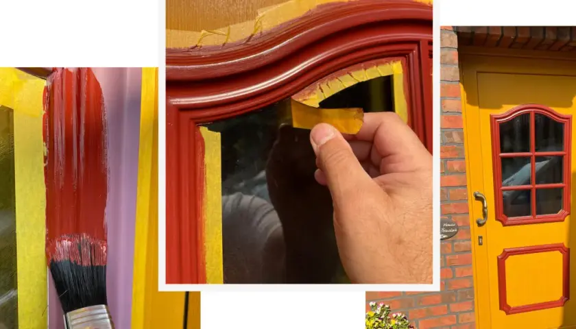 Detailaufnahme: Ein Pinsel mit roter Farbe streicht über eine mit Klebeband abgeklebte Fläche. Ein Mann zieht Klebeband ab. Eine gelbe Tür mit roten Akzenten. Kunststoff lackieren für ein frisches Aussehen.