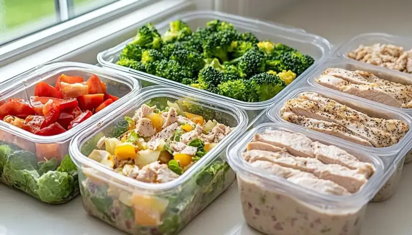 Gotowe posiłki w pojemnikach: kurczak, brokuły, pomidory i sałatka. Idealne meal prep przepisy na szybki obiad.