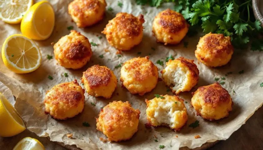 Douze accras de morue antillais dorés et croustillants, parsemés de persil frais, avec des quartiers de citron jaune.