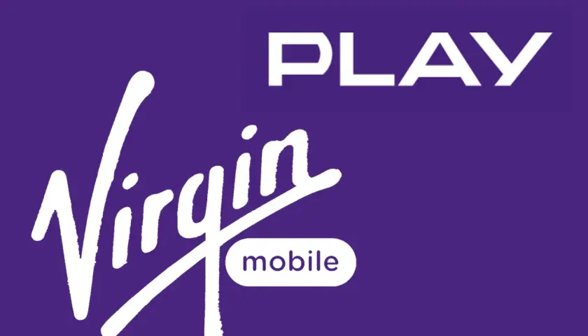 Logo Virgin Mobile i Play na fioletowym tle. Virgin Mobile to marka telekomunikacyjna.