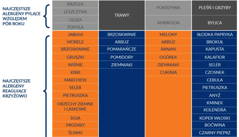Tabela krzyżowa pokazuje, czego nie jeść przy alergii na trawy i innych alergenach. Unikaj pomidorów, ziemniaków, marchwi, selera, pietruszki, orzechów, soi, migdałów, śliwek, mango i pieprzu.