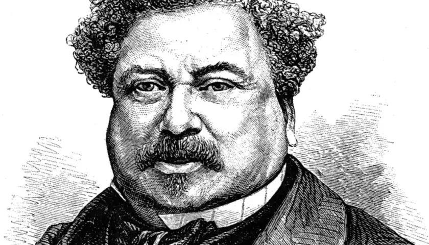 Porträt von Alexandre Dumas, dem Autor von "Die drei Musketiere", mit lockigem Haar und Schnurrbart.