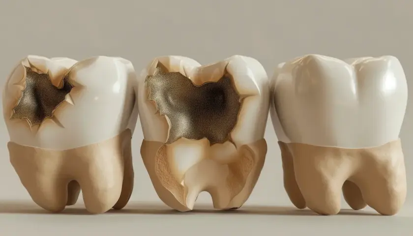 Tre denti, due con carie profonde e uno sano. Quanto tempo ci vuole per curare una carie? Dipende dalla gravità.