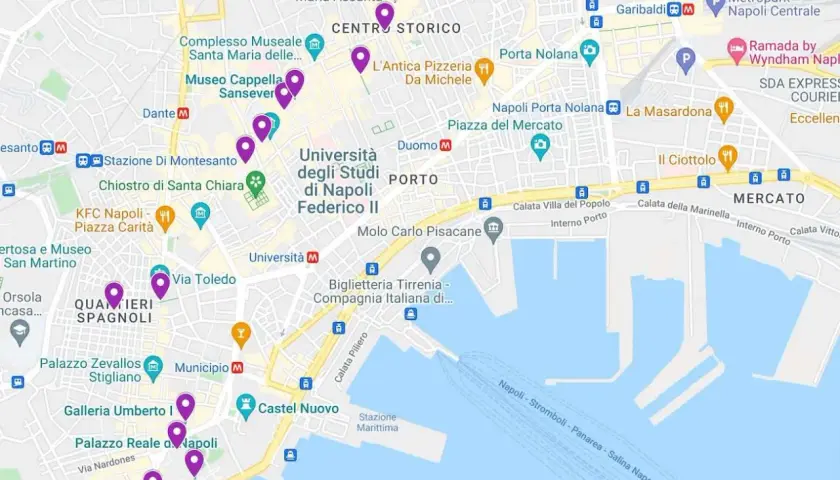 A Naples Italy neighborhoods map highlighting key landmarks like the National Archaeological Museum, University of Naples Federico II, and Castel Nuovo.