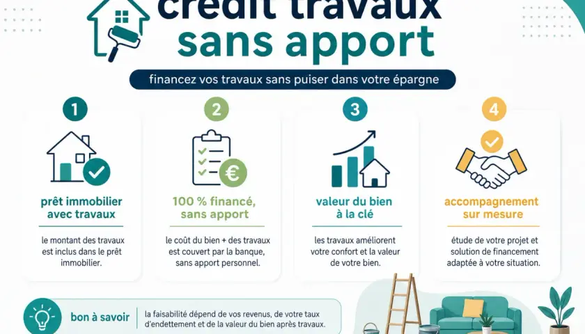 Crédit travaux sans apport : 4 étapes pour financer vos rénovations. Une nouvelle loi facilite le prêt immobilier sans apport pour vos travaux.