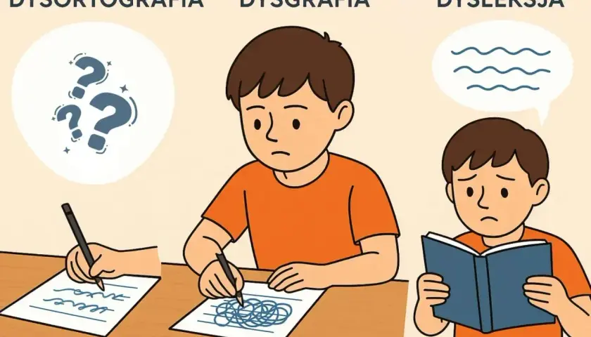 Chłopcy zmagają się z dysleksją rozwojową: jeden pisze chaotycznie, drugi ma problem z czytaniem, a trzeci z pisownią.