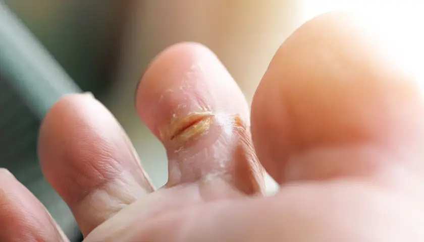 Pieds affectés par une mycose, peut-être contractée à la piscine. La peau entre les orteils est irritée et squameuse.