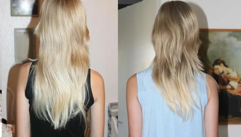 Före och efterbilder på blont hår. Till vänster, efter 3 veckor med ricinolja, ser håret fylligare ut. Till höger, före behandlingen.