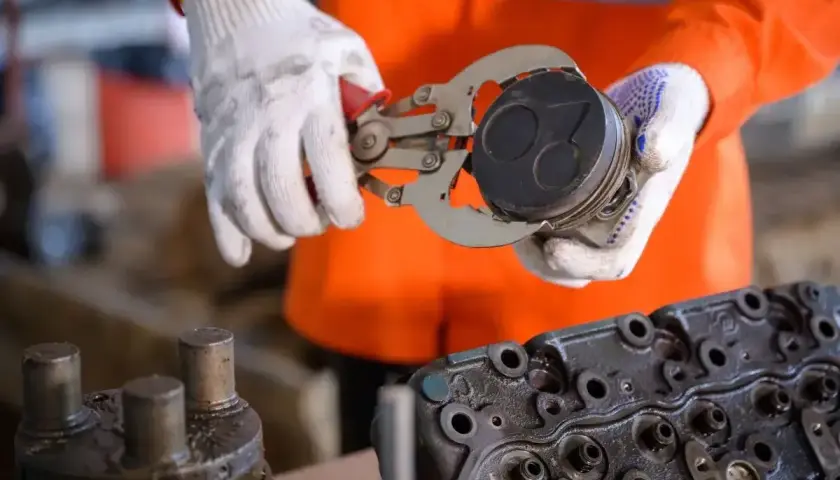 Mechanik w białych rękawiczkach używa specjalnego narzędzia, by zdjąć zapieczone pierścienie z tłoka silnika.